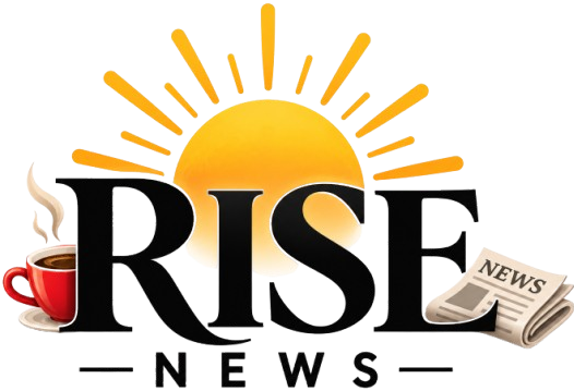 Logo Rise News cu soare galben, cupă de cafea și ziar pe fundal negru.